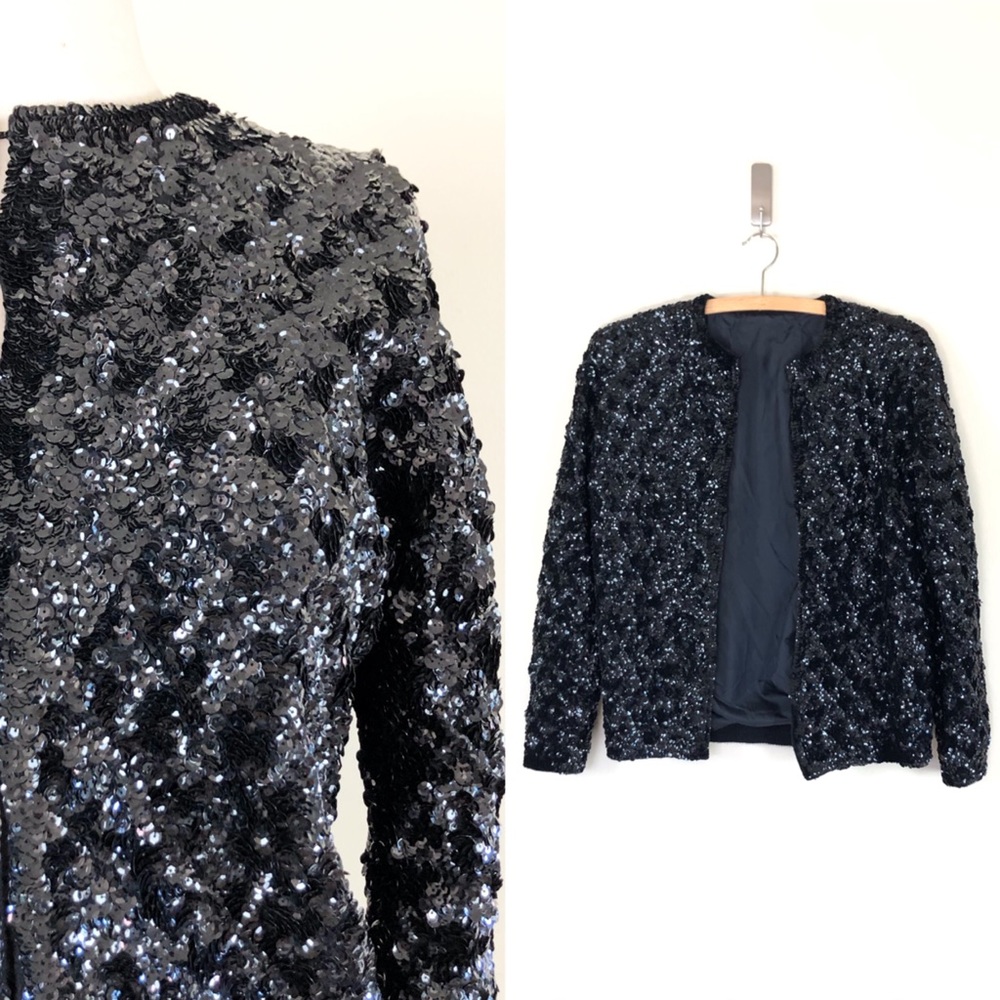 vintage 1950s black sequins cardigan 50s glitter jacket sweater cocktail glitter